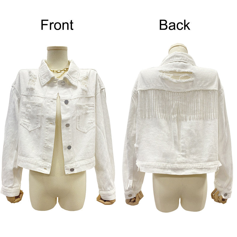 Beakey Womens Denim Jacket with Fringe Rhinestones Crop Casual Coat-White