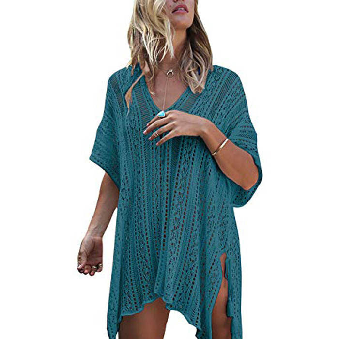 Beakey Women's Swimsuit Beach Bikini Loose Blouse Knitted Blouse Stylish Beach Cover up-Peacock Blue