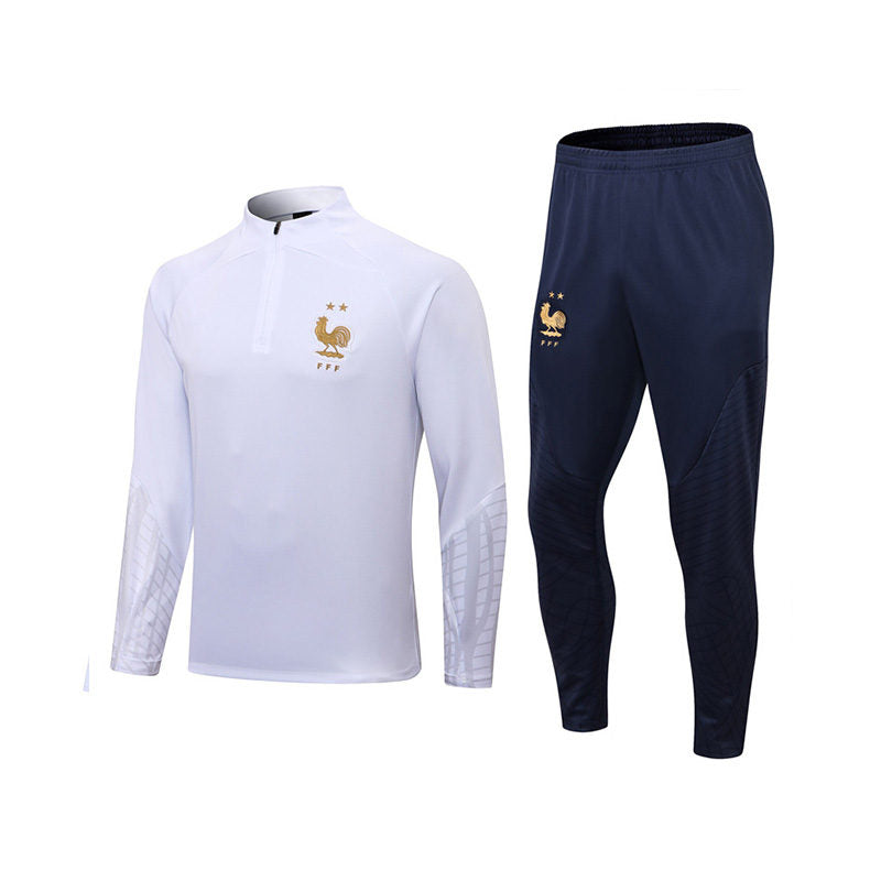 Beakey France Soccer Jersey Football Training Suit with Half Zipper for Kids Adult-White