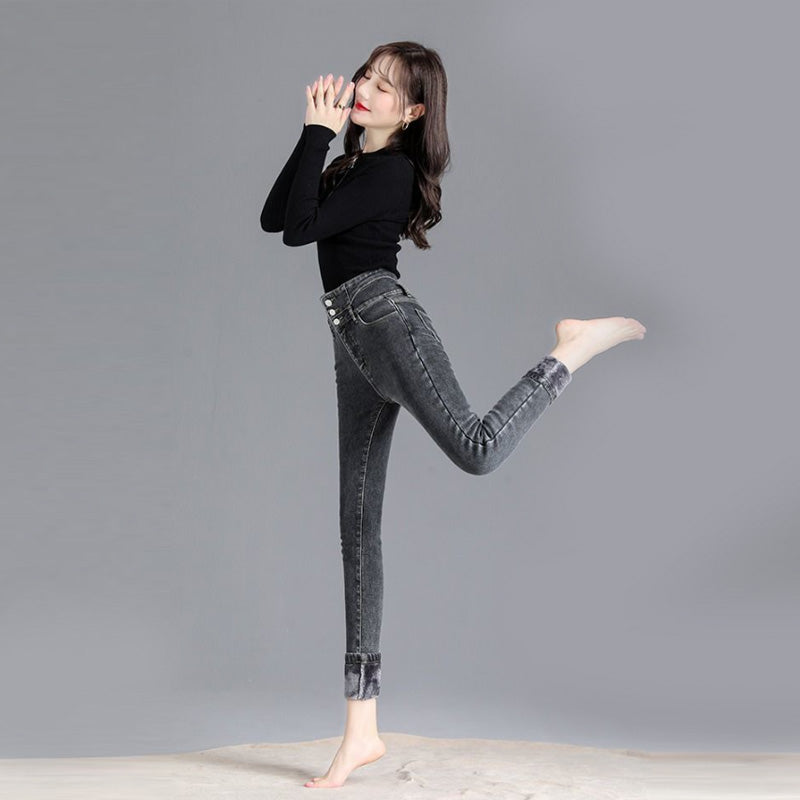 Beakey Womens Fleece Jeans Stretch Slim Fit High Waist Denim Pants-Smoke Gray