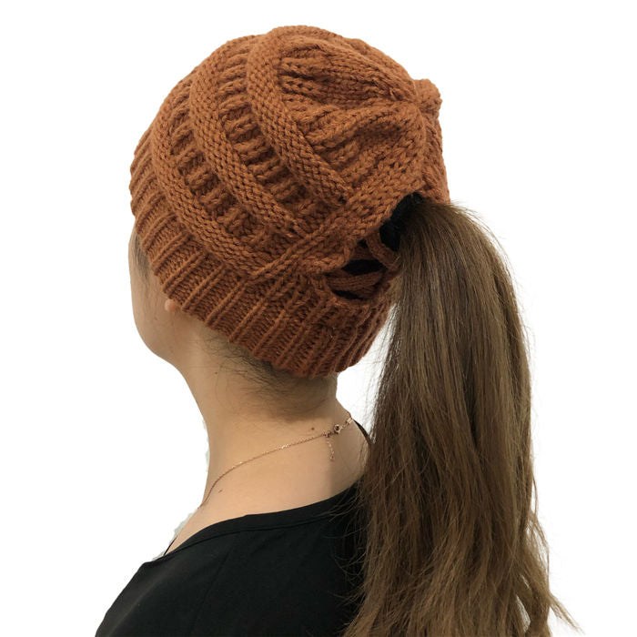 Beakey Soft Stretch Cable Knit Hat Ponytail Beanie Winter Hat For Women-Caramel Colour