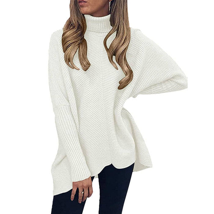 Beakey Womens Turtleneck Long Sweater Batwing Sleeve Asymmetric Hem Pullover Knit Tops-White-YY528