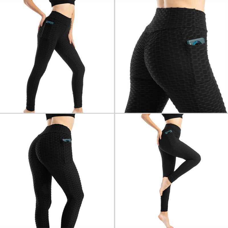 Beakey Womens Leggings Ruched Butt Lifting Stretchy Tights with Pockets-Black