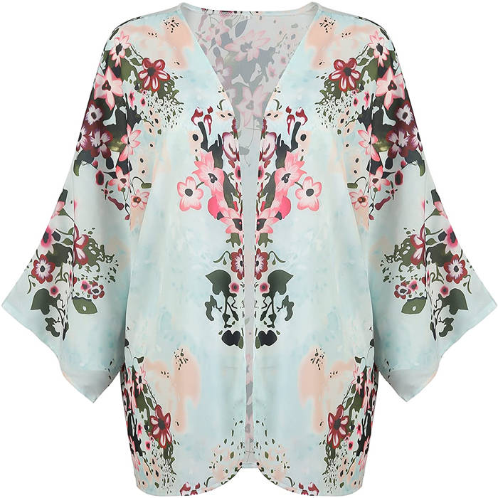 Beakey Women's Summer Floral Print Kimonos Loose Half Sleeve Chiffon Cardigan Blouses Casual Cover Up - Light Green