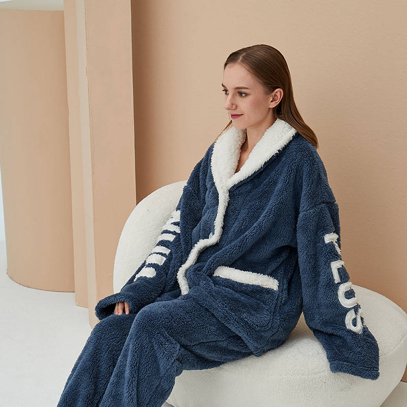 Beakey Womens Winter Fleece Pajamas Set Warm Loungewear-Navy Blue