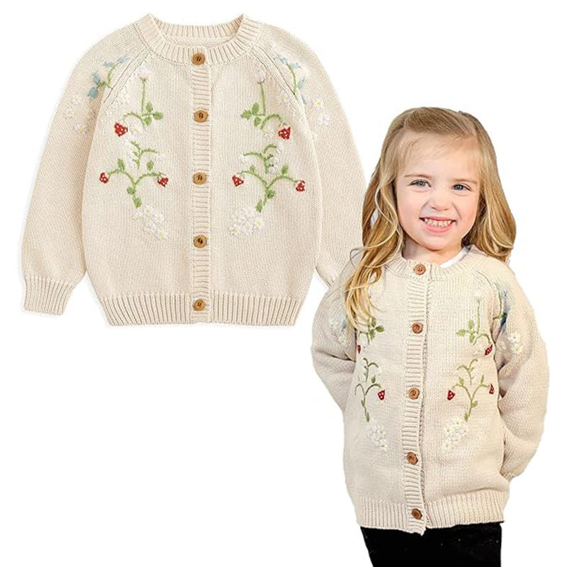 Beakey Toddlers Girls Sweater Embroidered Strawberry Knitted Cardigan-Beige