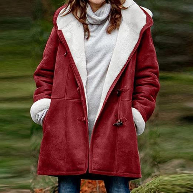 Beakey Fleece Jackets for Women Horn Button Winter Hooded Outwear-Wine Red