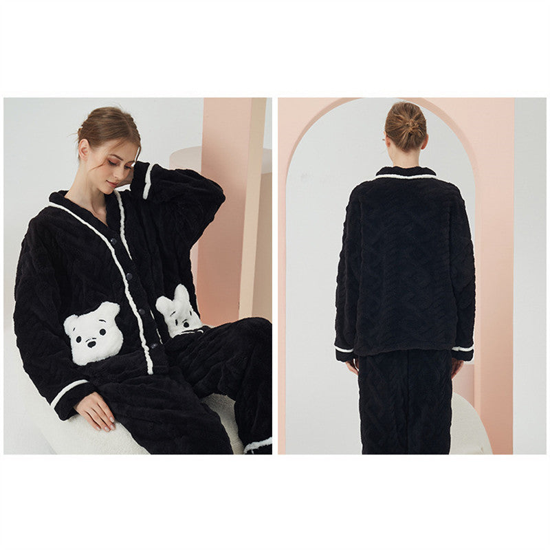 Beakey Womens V Neck Buttons Cardigan Pajamas Set-White Bear