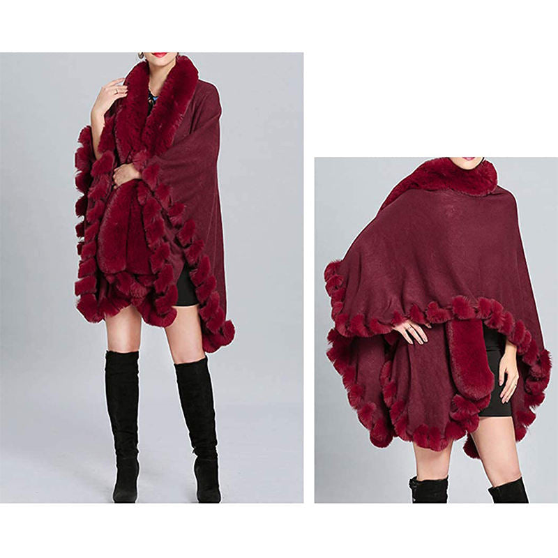 Beakey Womens Faux Fox Fur Trim Cardigan Shawl Oversized Cape-Maroon