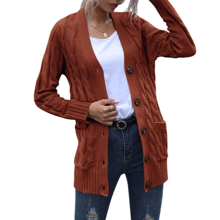 Beakey Women's Winter Keep Warm Long Sleeve Knit Sweater Cardigan Button Loose Outerwear-Brick Red-YL220187