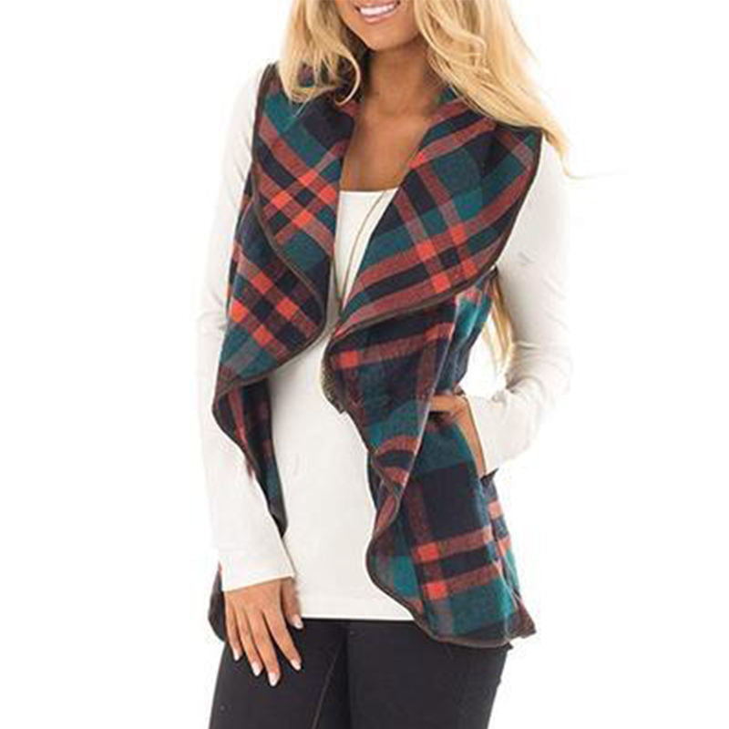 Beakey Womens Casual Lapel Open Front Plaid Vest Cardigan with Pockets-Yellow
