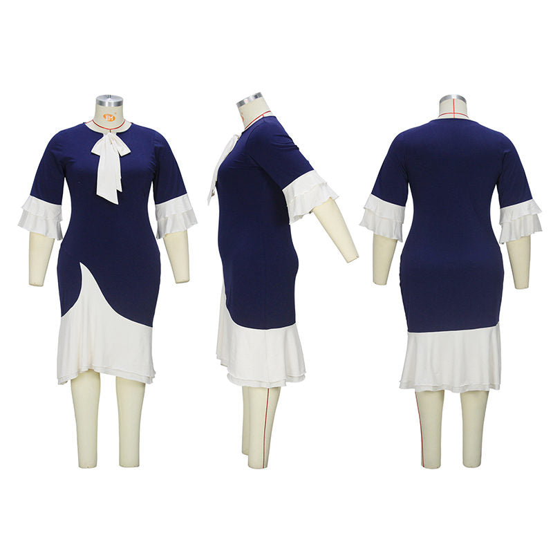 Beakey Women Bodycon Dress Ruffle Half Sleeve Bow Tie Party Dress-Dark Blue