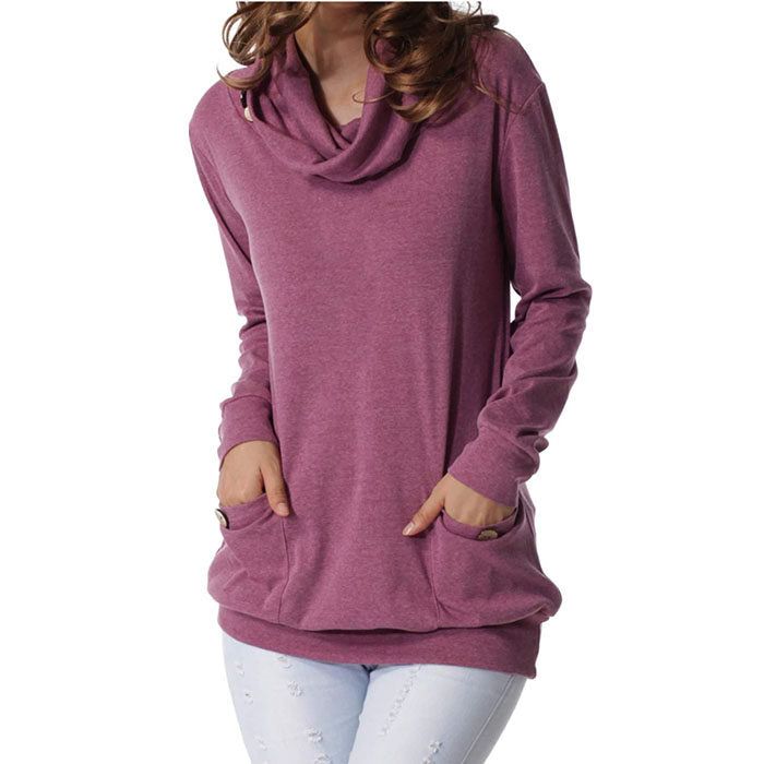 Beakey Womens Long Sleeve Buttons High Neck Casual Sweatshirts Tunic Tops With Pockets-Purple-T4554