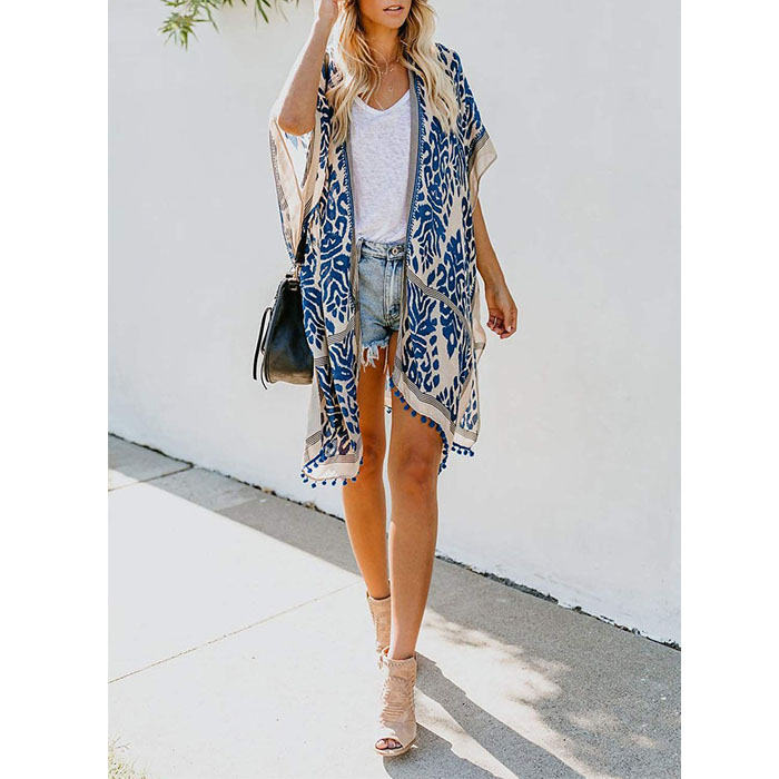 Beakey Women Print Kimono Tassel Casual Cardigan V Neck Loose Swimsuit Cover Up Beachwear-Blue