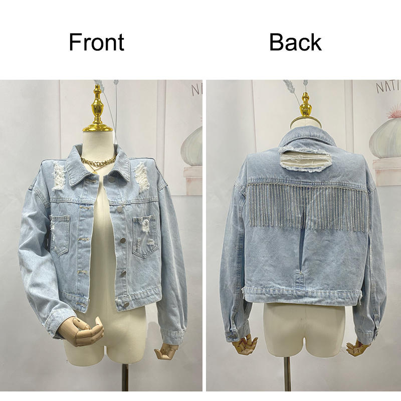 Beakey Womens Denim Jacket with Fringe Rhinestones Crop Casual Coat-LightBlue