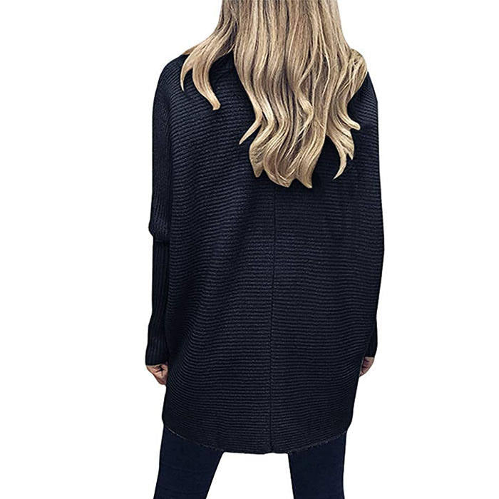 Beakey Womens Turtleneck Long Sweater Batwing Sleeve Asymmetric Hem Pullover Knit Tops-Black-YY528