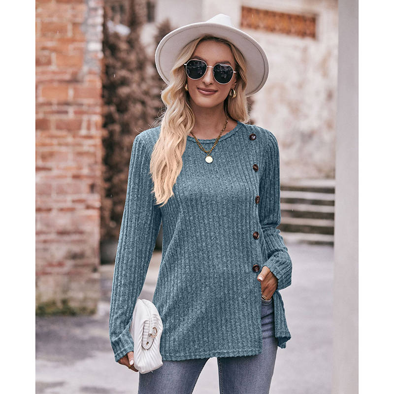 Beakey Long Sleeve Tops for Women Button Decor Loose Tunic Blouse-Blue