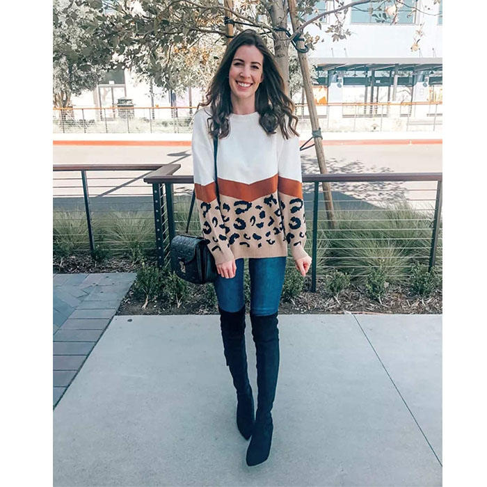 Beakey Women¡¯s Casual Knitted Sweater Leopard Print Color Block Loose Pullover-Khaki-K208002