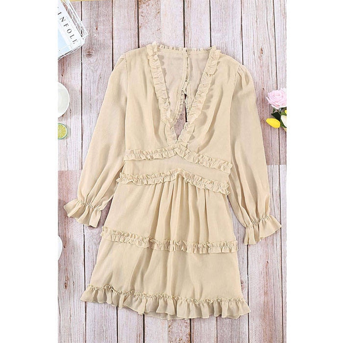 Beakey Womens Spring Summer Deep V Neck Ruffle Long Sleeve Mini Dress-Beige-221766