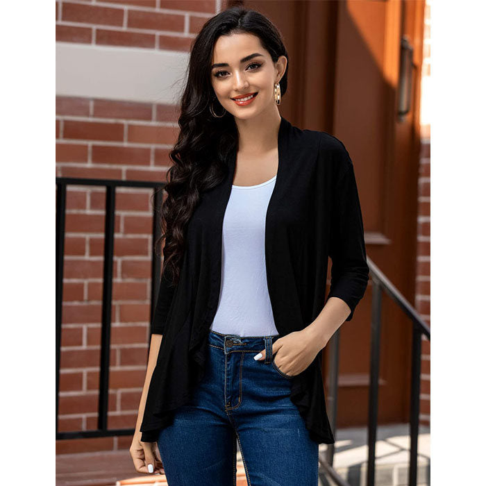 Beakey Women's Open Front Cardigan 3/4 Sleeve Draped Ruffles Soft Knit Sweaters-Black-8012