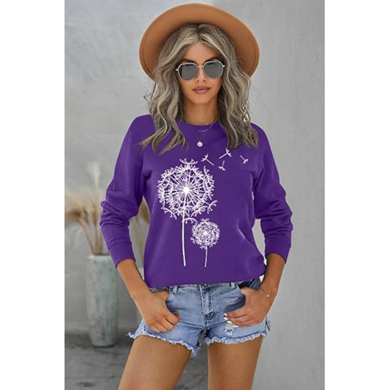 Beakey Womens Long Sleeve Shirts Dandelion Printed Crewneck Sweatshirt-Purple