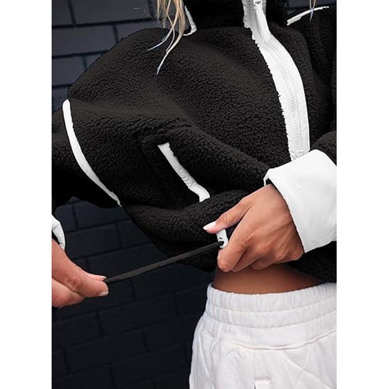 Beakey Womens Fleece Sweatshirts Half Zip Workout Crop Tops with Pockets-Black