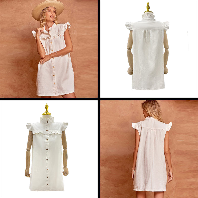 Beakey Denim Dress Ruffle Trim Sleeveless Button down Cute Babydoll-White