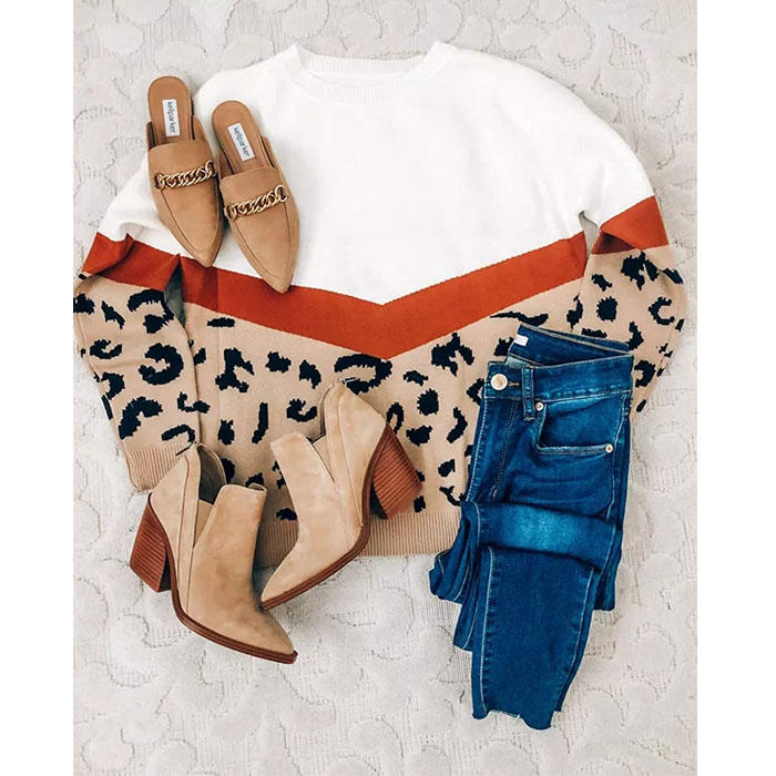 Beakey Women¡¯s Casual Knitted Sweater Leopard Print Color Block Loose Pullover-Khaki-K208002