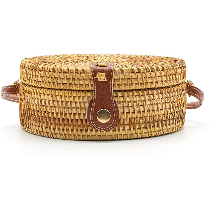 Beakey Handwoven Round Rattan Natural Chic Bag Shoulder Leather Straps Summer Beach-Brown