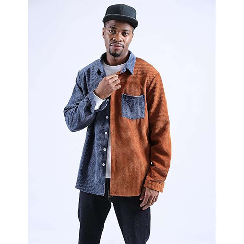 Beakey Mens Corduroy Shirt Patchwork Button Down Jacket with Chest Pocket-Blue
