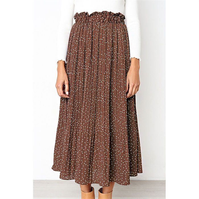 Beakey Womens High Waist Skirt Polka Dot Pleated Midi Maxi Swing Skirt High Elastic-Coffee-0387