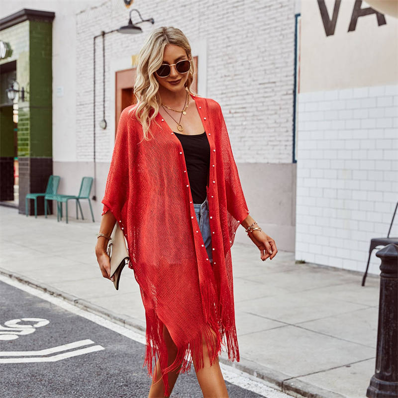 Beakey Womens Tassel Long Kimono Cardigans Beach Swimsuit Bikini Cover Up-Red