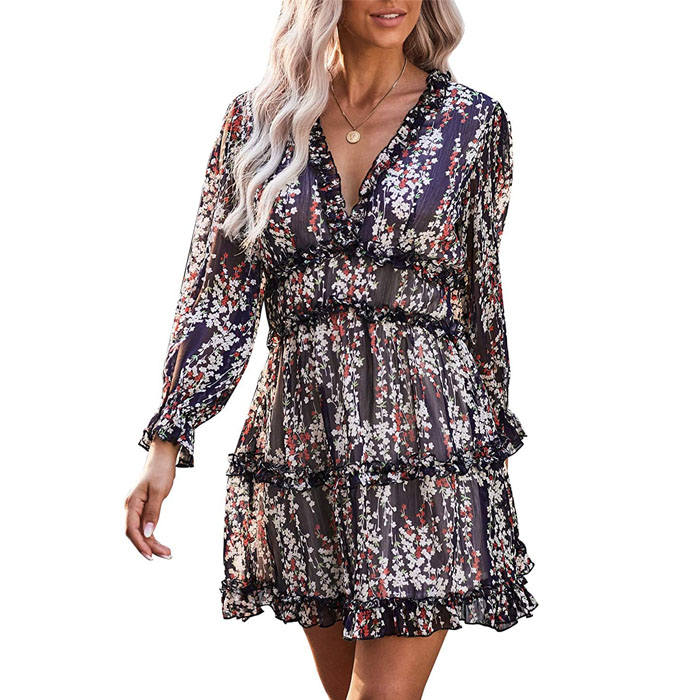 Beakey Womens Spring Summer Deep V Neck Ruffle Long Sleeve Mini Dress-Blue-LC220829-1