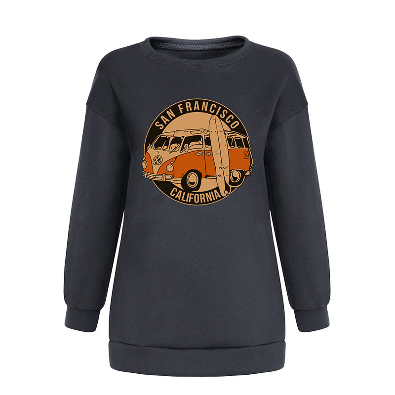Beakey Vintage Sweatshirt for Women Bus Graphic Crewneck Fleece Pullover-Grey
