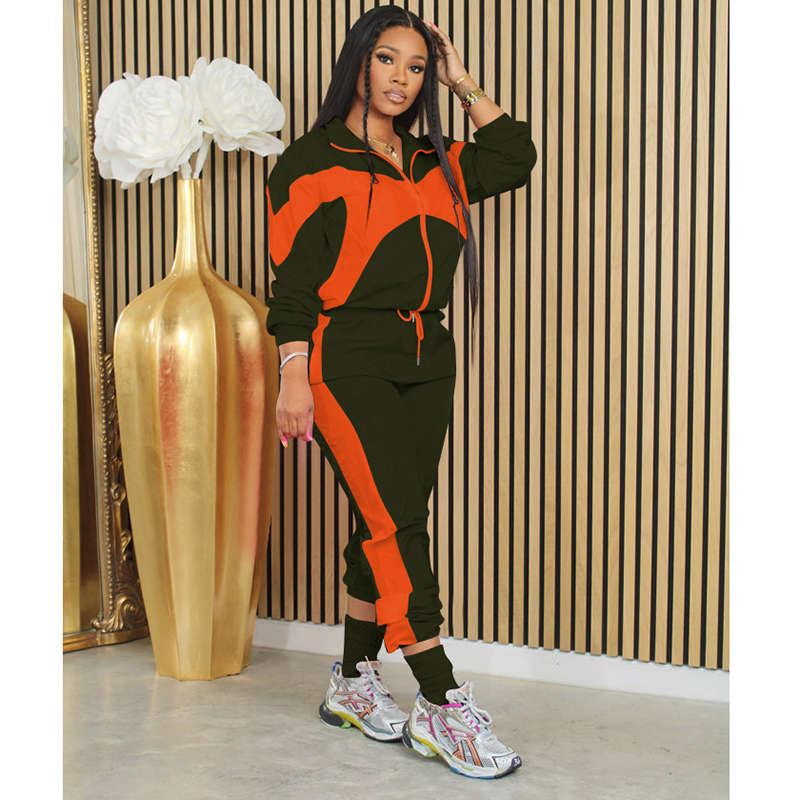 Beakey Womens Windbreaker Jacket Pants Colorblock Patchwork Tracksuit-Army Green