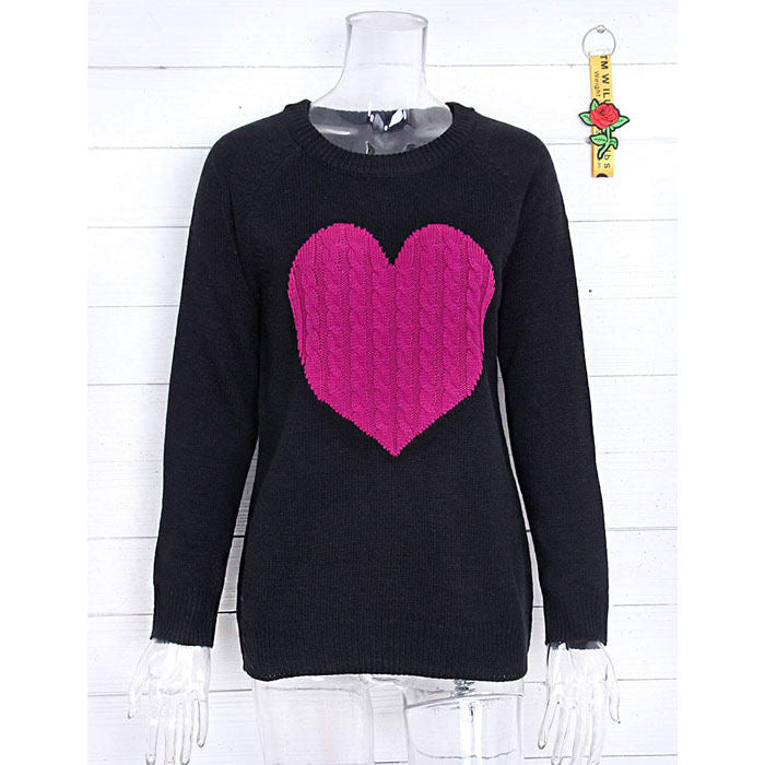 Beakey Women Cute Sweaters Heart Crewneck Long Sleeve Knitted Pullover Sweater-Black And Rose-118004