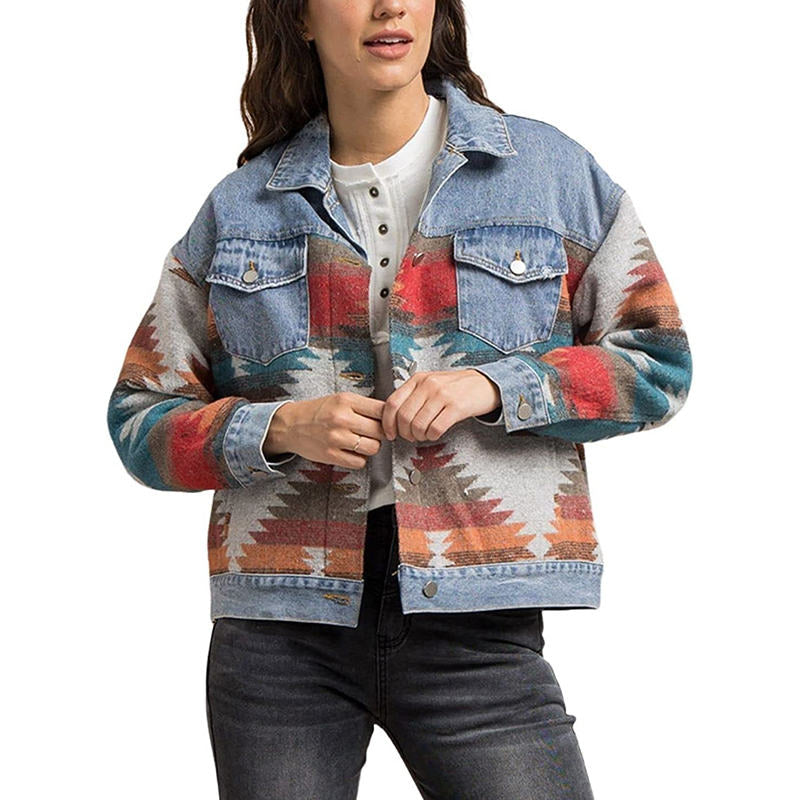 Beakey Womens Cropped Denim Jacket Aztec Print Vintage Casual Coat-Blue