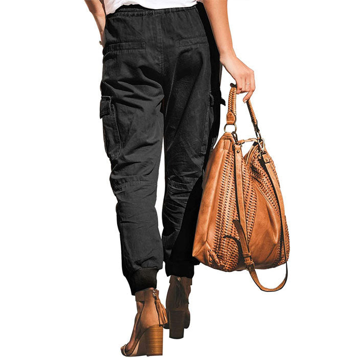 Beakey Women's Fashion Waist Cargo Pants Drawstring Trousers with Pockets-Black-D29
