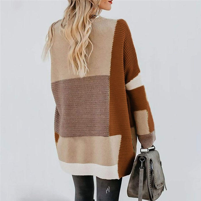 Beakey Womens Color Block Cardigan Open Front Sweaters Loose Knit Casual Coat-Caramel-AL6009