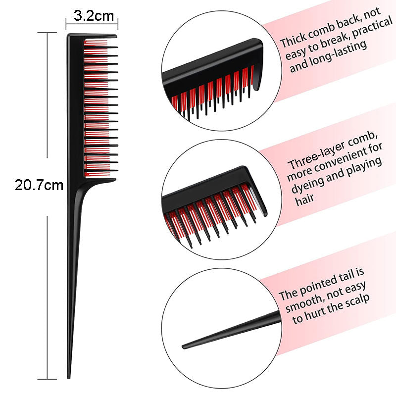 Beakey Triple Teasing Comb with Rat Tail Handle Adds Volume To Fine Hair-Black
