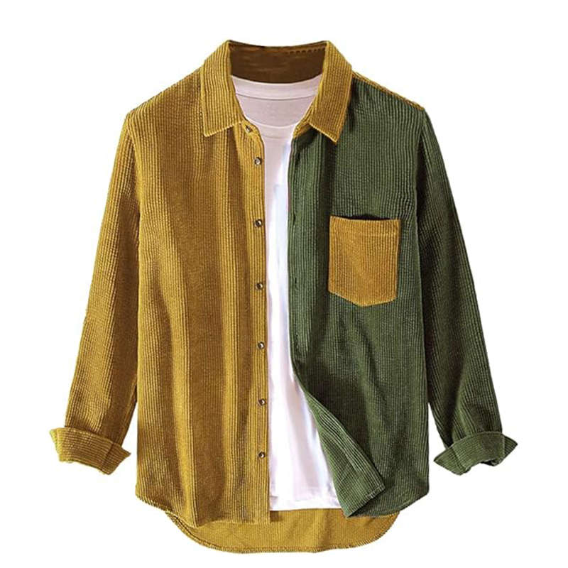 Beakey Mens Corduroy Shirt Patchwork Button Down Jacket with Chest Pocket-Green