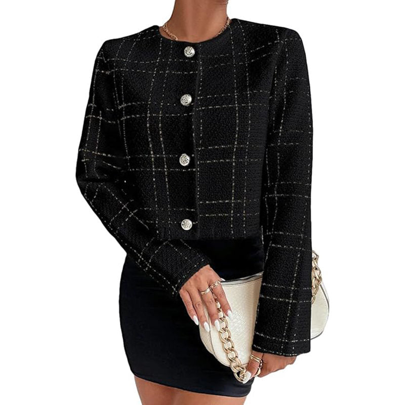 Beakey Cropped Blazer Jacket for Women Collarless Tweed Plaid Outerwear-Black
