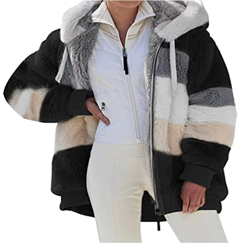Beakey Womens Warm Plush Hooded Cardigan Full Zip Colorblock Jacket-Black