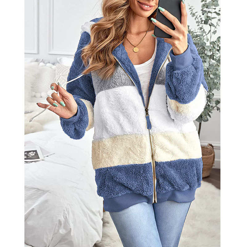 Beakey Womens Warm Plush Hooded Cardigan Full Zip Colorblock Jacket-Blue