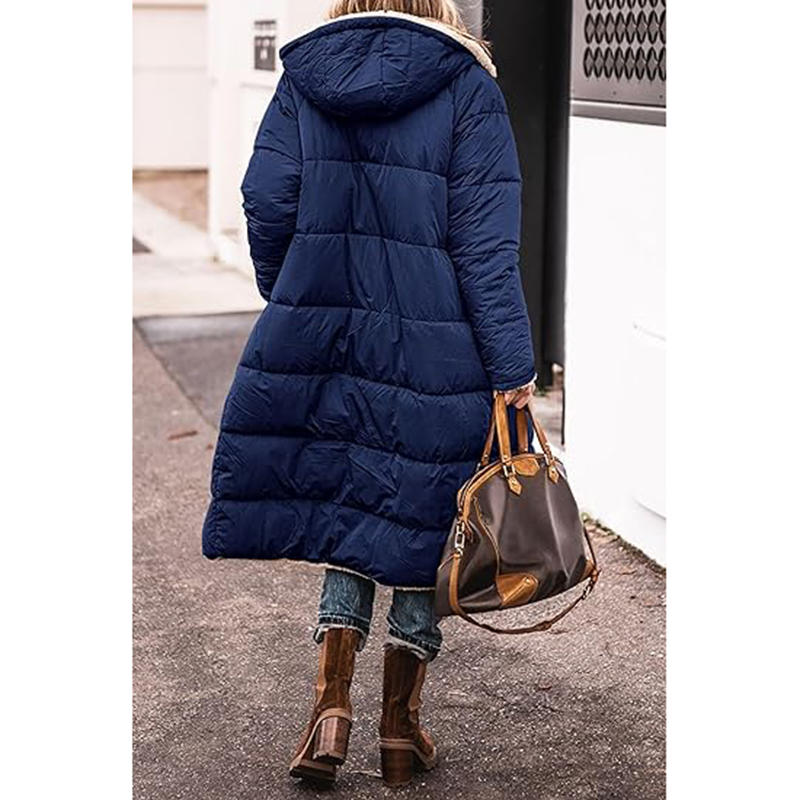 Beakey Womens Long Coats with Hood Fleece Lining Oversized Jackets-Navy Blue
