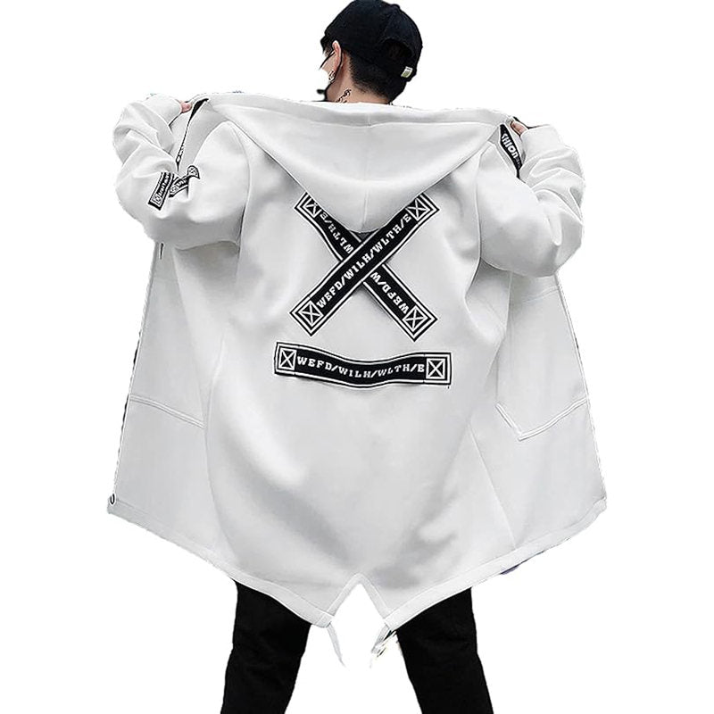 Beakey Hooded Windbreaker for Men Print Harajuku Zipper Long Jacket-White