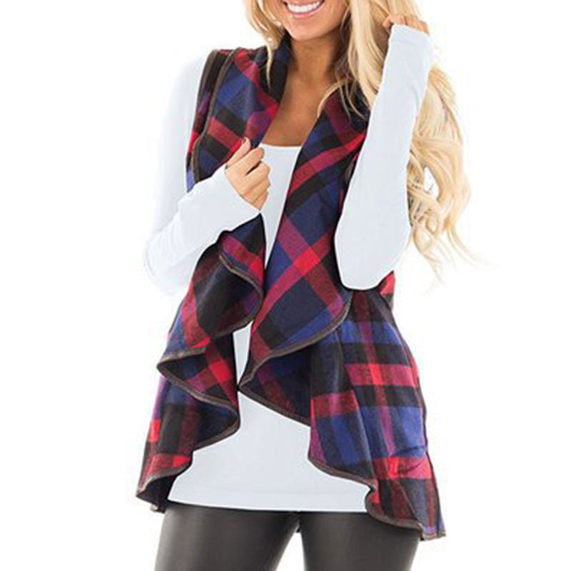 Beakey Womens Casual Lapel Open Front Plaid Vest Cardigan with Pockets-Blue