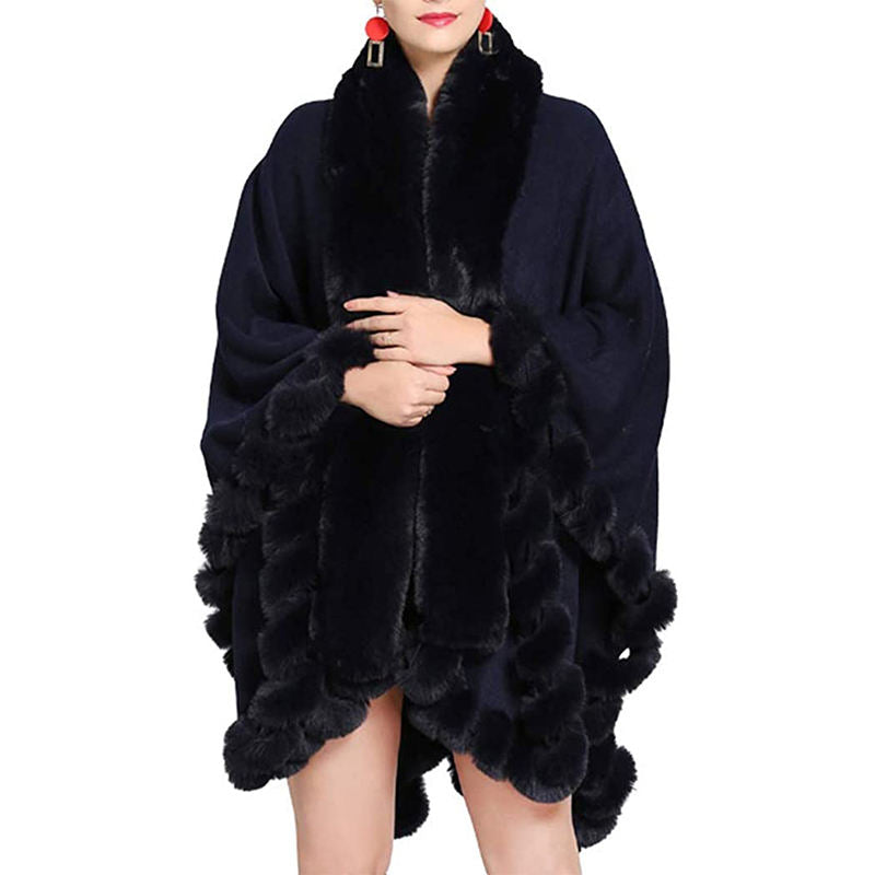 Beakey Womens Faux Fox Fur Trim Cardigan Shawl Oversized Cape-Navy Blue
