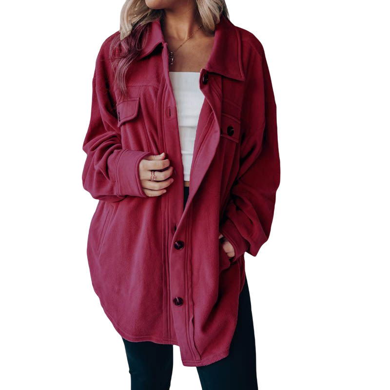 Beakey Womens Fleece Long Sleeved Shirt Casual Boyfriend Blouse Top-Amaranth