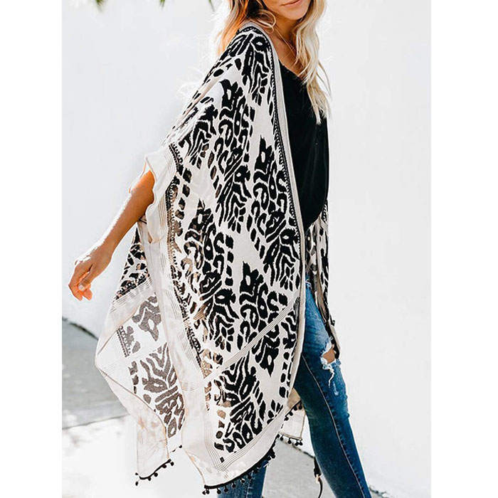 Beakey Women Print Kimono Tassel Casual Cardigan V Neck Loose Swimsuit Cover Up Beachwear-Black